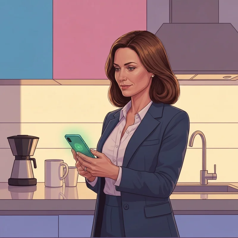 A woman using her phone to access the starbucks customer service chat during her morning routine.