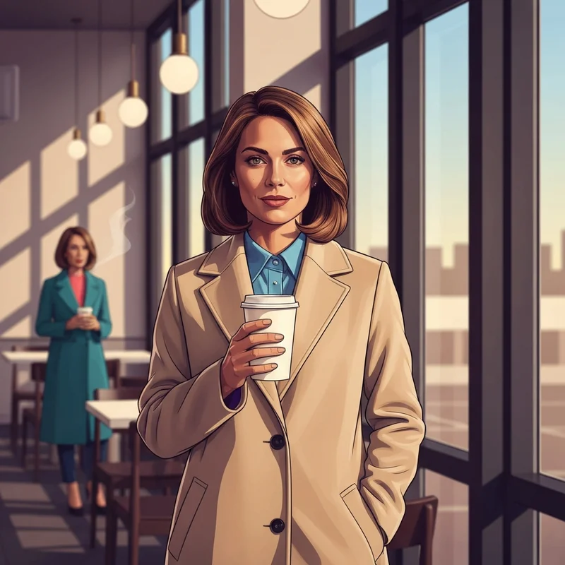 A woman holding a misto from starbucks in a minimalist cafe setting.