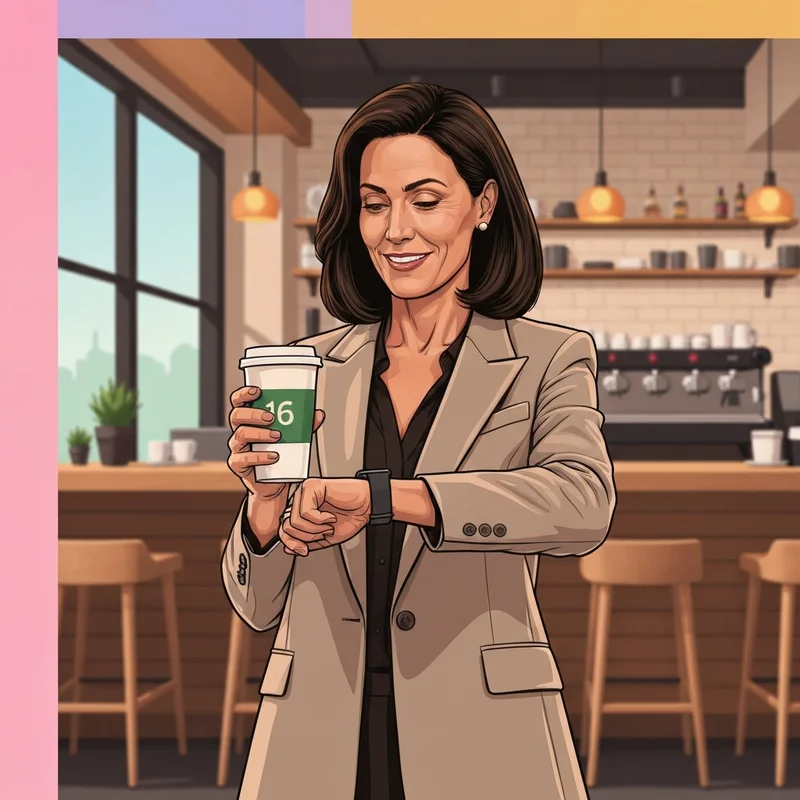 A professional woman confidently holding a 16 oz Starbucks Grande cup in a modern cafe environment.