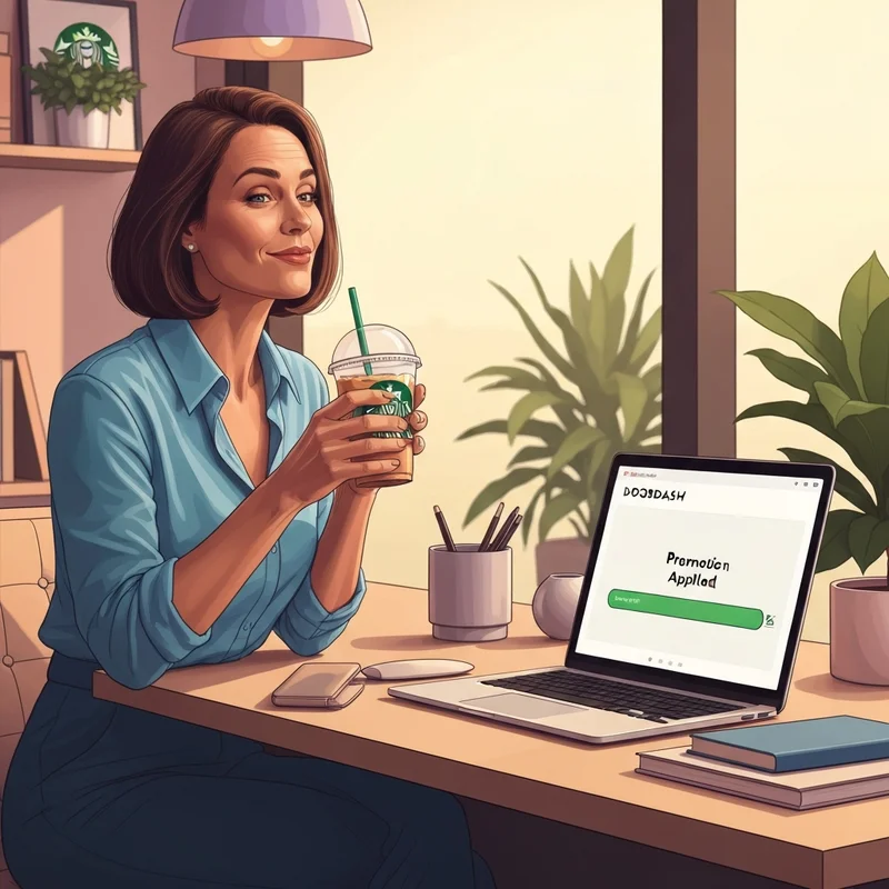 A woman enjoying a coffee delivery after successfully applying starbucks deals doordash to her order.