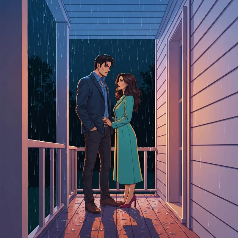 A dramatic scene capturing the intense chemistry of damon and elena in vampire diaries on a rainy night.