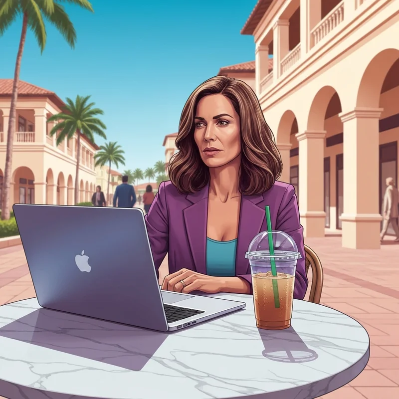 A professional woman working on her laptop at a starbucks boca raton outdoor patio in Mizner Park.