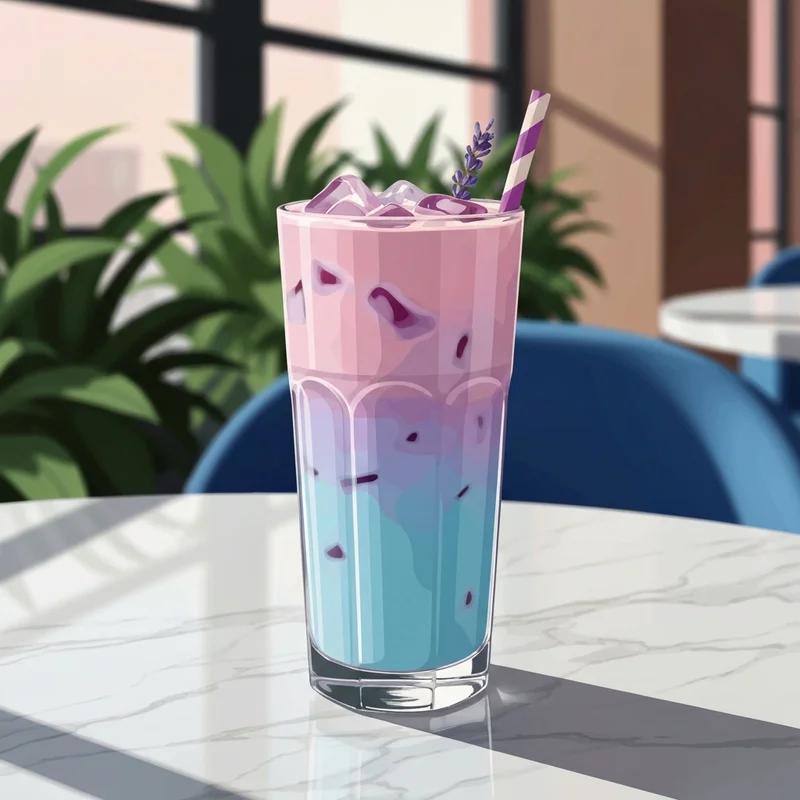 A refreshing iced lavender oatmilk latte starbucks on a marble table in a bright cafe.