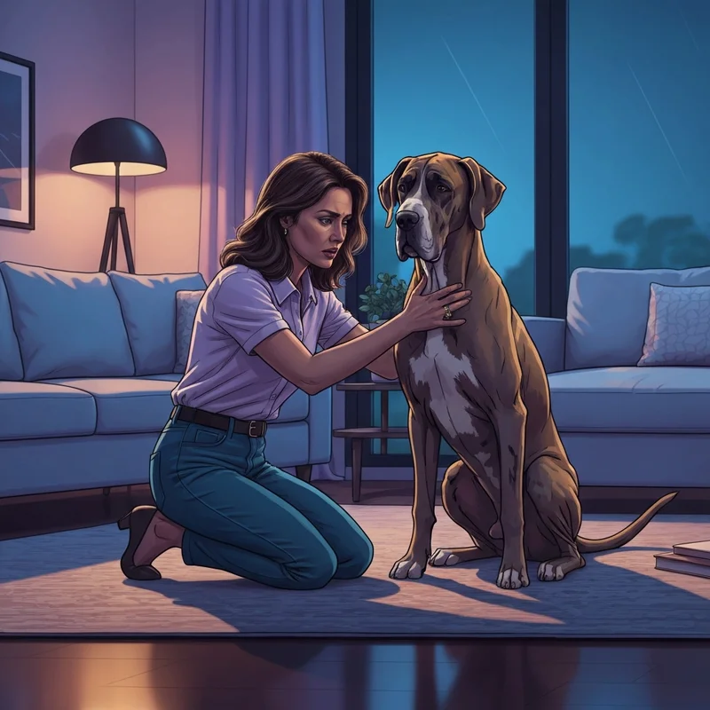 A pet owner checking her large dog for bloat in dogs symptoms at night.