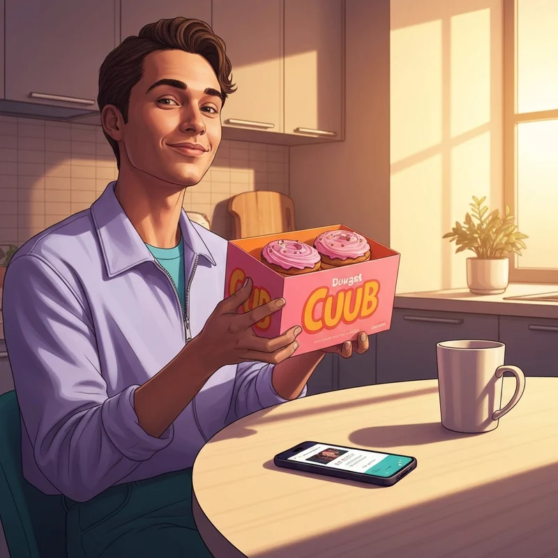 A young adult happily holding a box of treats while checking how much for donuts at Dunkin Donuts on their phone.