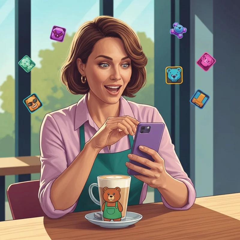 A woman winning a prize in the starbucks game while holding her smartphone in a cafe.