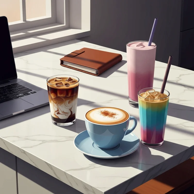 A variety of espresso drinks from Dunkin Donuts arranged on a modern marble desk to represent a productive morning ritual.