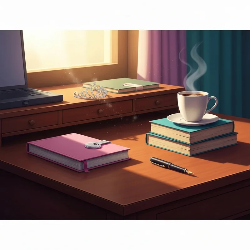 A collection of princess diaries books stacked on a desk with a tiara and a journal.