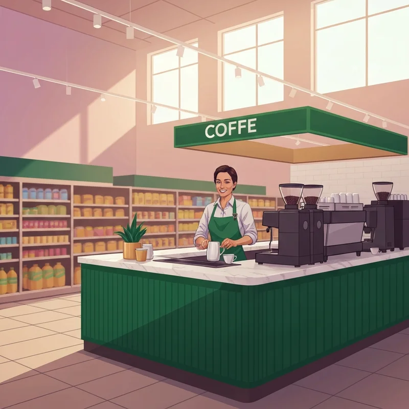 A young barista working at a modern albertsons starbucks kiosk inside a grocery store.