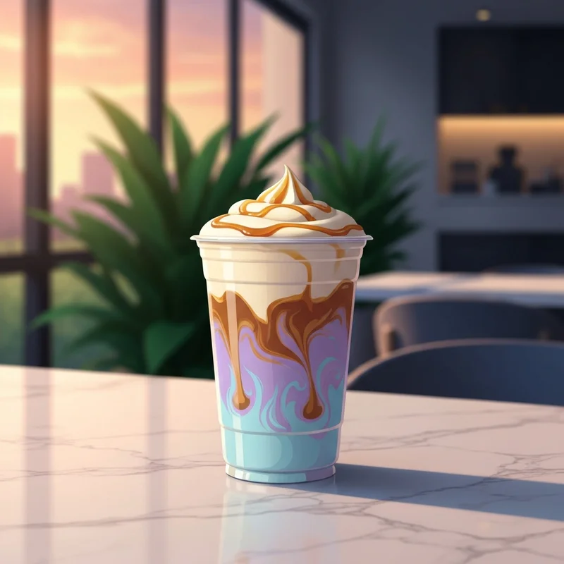 A close-up of the most delicious starbucks drinks featuring an iced shaken espresso with caramel drizzle and cold foam in a sunlit cafe.
