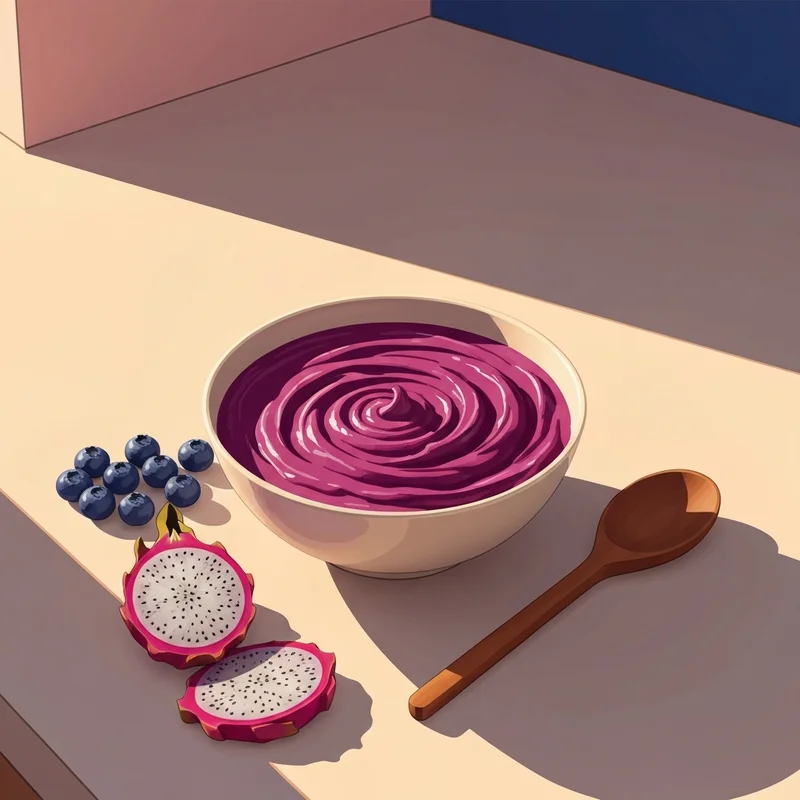 A perfectly thick and aesthetic acai bowl base in a minimalist kitchen setting.