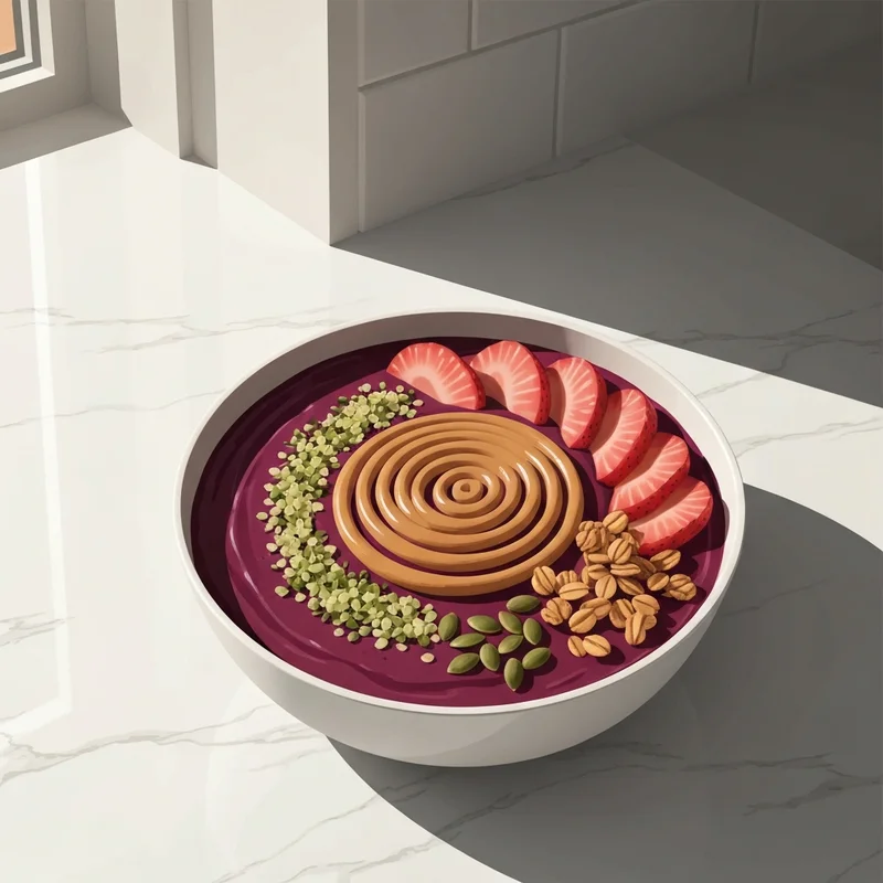 A perfectly garnished frozen acai bowl on a marble counter with almond butter and granola.