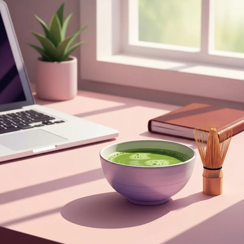 A peaceful morning setup featuring the caffeine in matcha latte for a jitter-free workday.