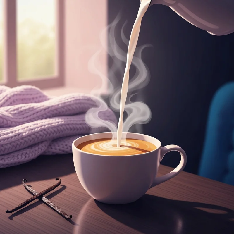A cozy morning scene featuring a steaming cup of dunkin donuts french vanilla coffee with a creamy milk swirl.