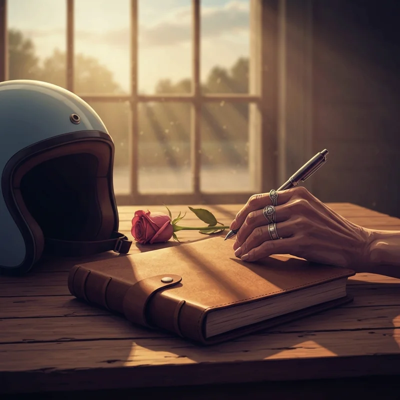 A cinematic scene of a leather journal and biker gear representing the diary of an old lady and her legacy.
