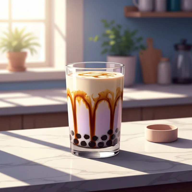 Aesthetic black milk tea bubble tea with brown sugar syrup marbling and chewy boba texture.