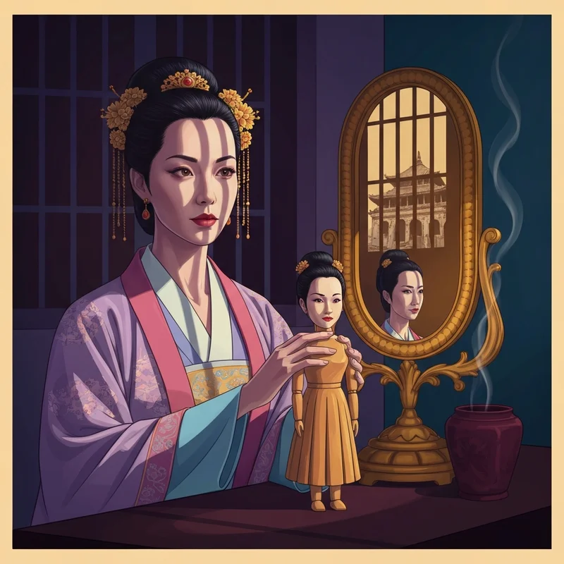A haunting portrayal of Shenmei from the shenmei apothecary diaries sitting in a dark palace room with a porcelain doll.
