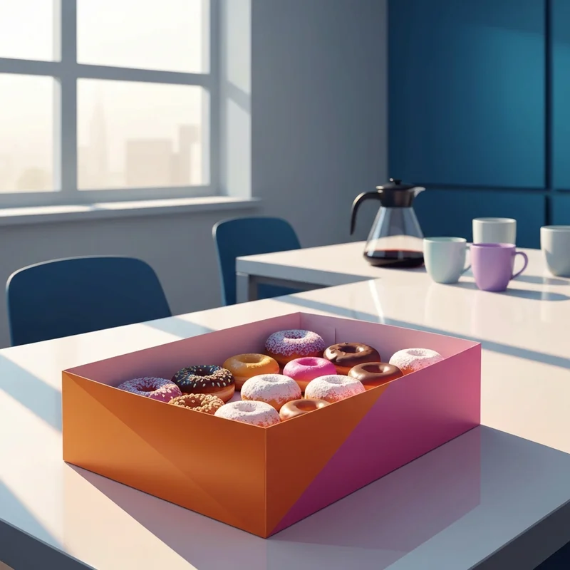 A large box of assorted donut holes on an office table, illustrating the affordable dunkin munchkins cost for a professional morning meeting.