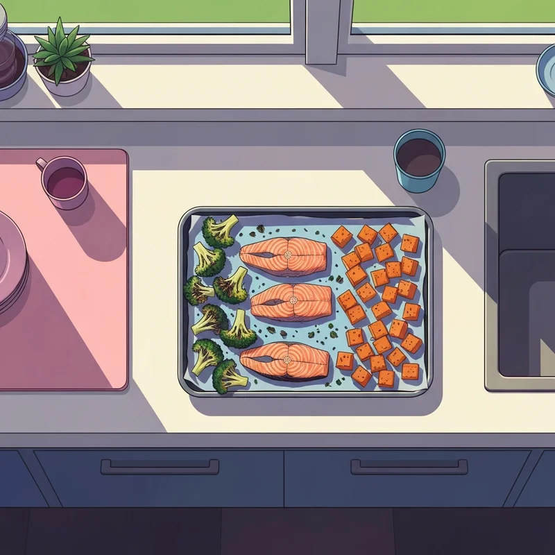 A vibrant and organized tray showcasing the variety and health benefits of sheet pan meal prep for a busy week.