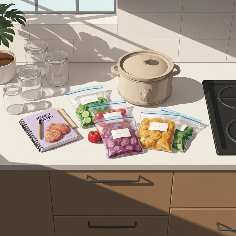 Strategic crock pot meal prep setup with organized freezer bags and a slow cooker on a modern kitchen counter.