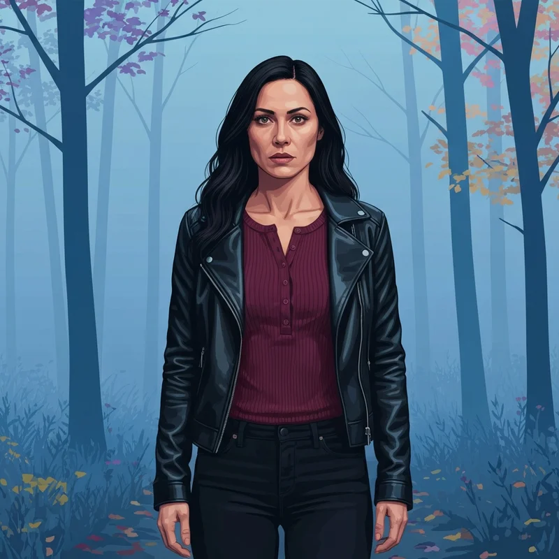 A woman wearing a leather jacket and henley top inspired by vampire diaries clothes elena gilbert in a misty forest.