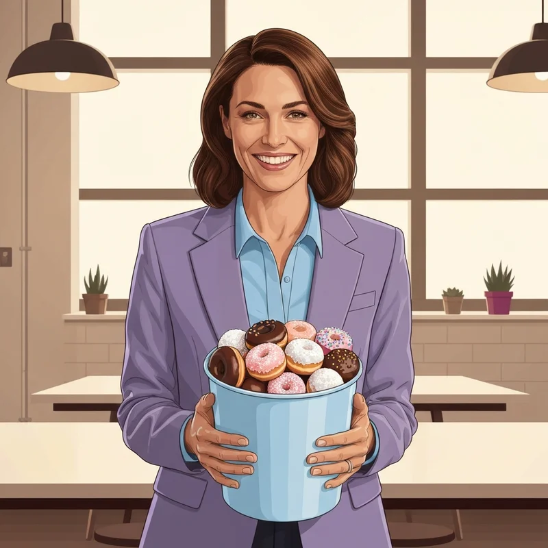 A woman carrying a large bucket of donut holes, focusing on the dunkin donuts munchkins price and value for office parties.