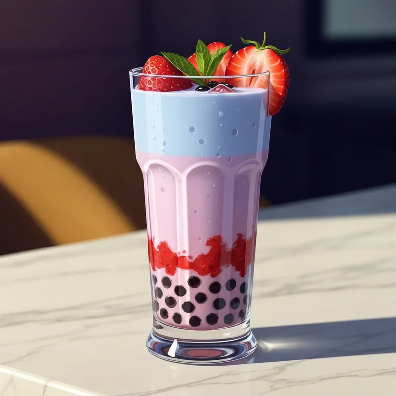 A photogenic, layered glass of strawberry milk tea with fresh fruit and boba pearls on a marble counter.