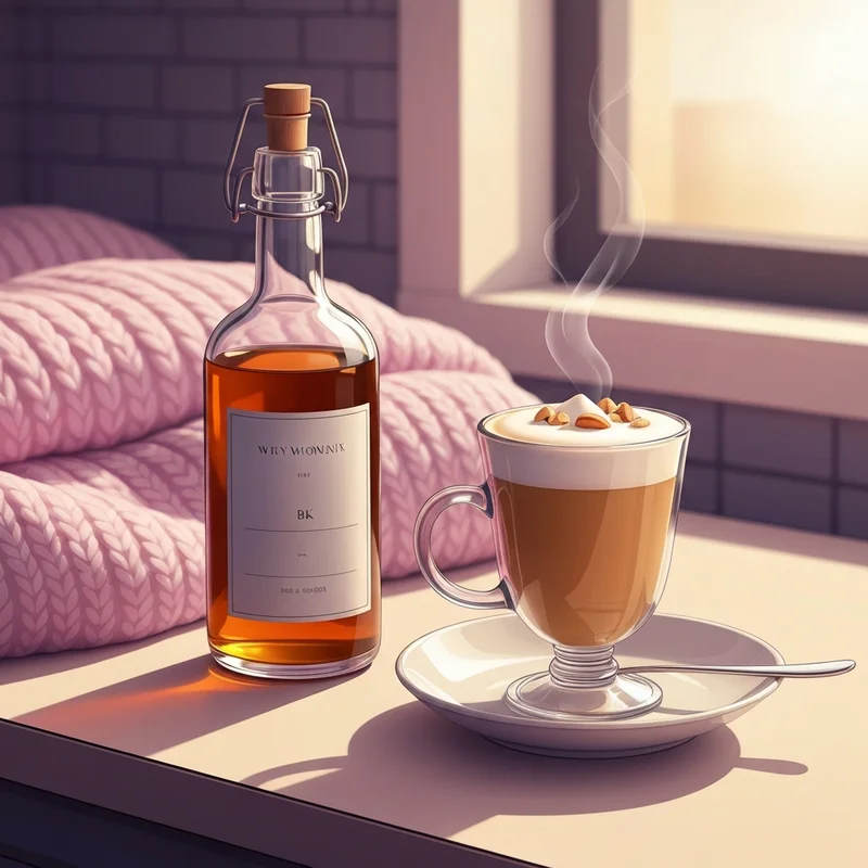 A cozy home coffee setup featuring a DIY version of the toffee nut syrup starbucks with a latte and aesthetic morning light.