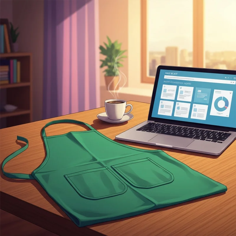 A laptop showing the digital interface for a starbucks pay stub next to a green apron and a cup of coffee.