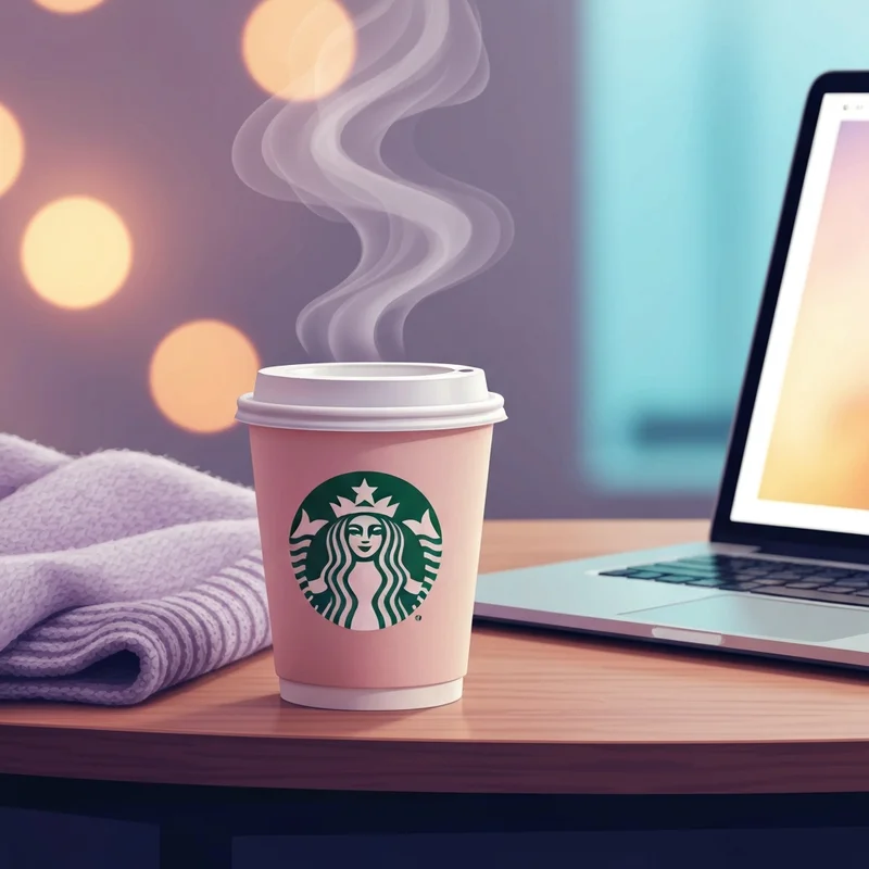 A woman holding a warm cup of tea from starbucks hot while working in a cozy modern cafe.