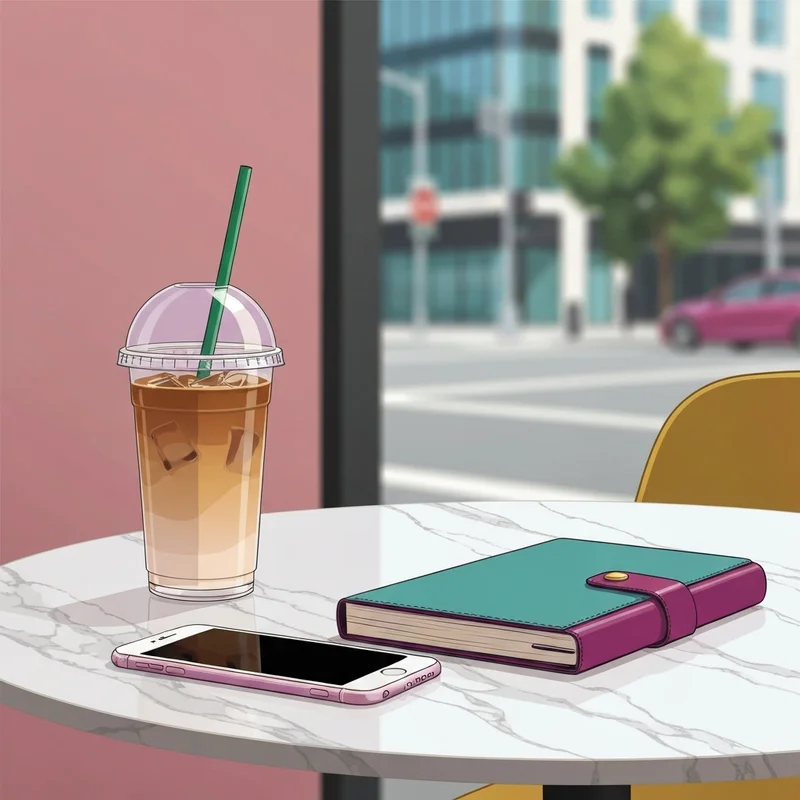 A sophisticated lifestyle shot showing starbucks healthy drinks on a marble table for an optimizing professional.