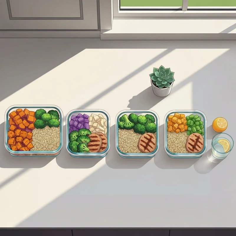 A person organized their easy meal prep lunch in glass containers on a clean kitchen counter.