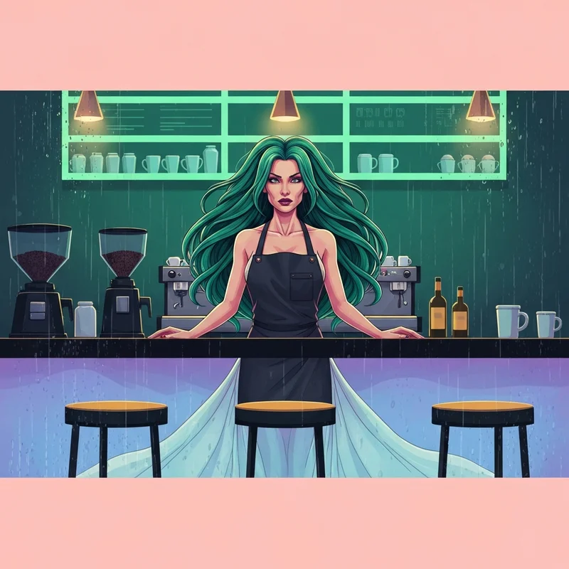 A mystical interpretation of the Siren in a modern cafe setting, exploring the themes of starbucks rule 34.