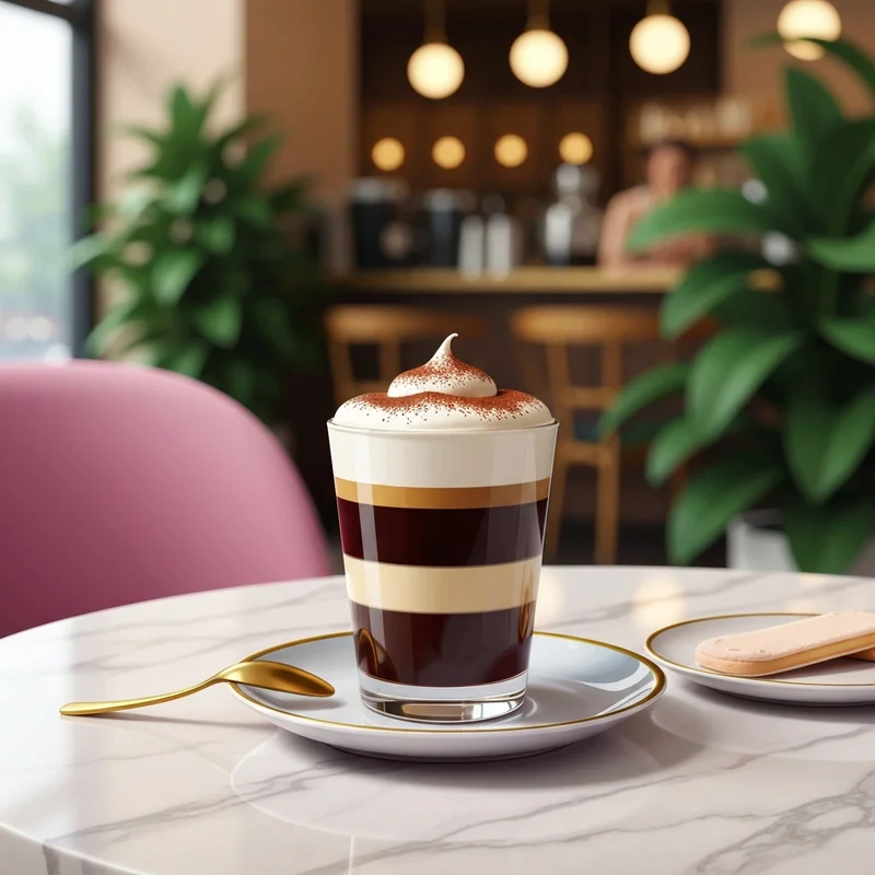A luxurious tiramisu latte starbucks with thick cream foam and cocoa dusting on a marble table.