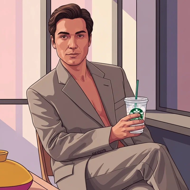 A stylish young person enjoying cheap starbucks drinks in a sunny cafe while looking at their phone.