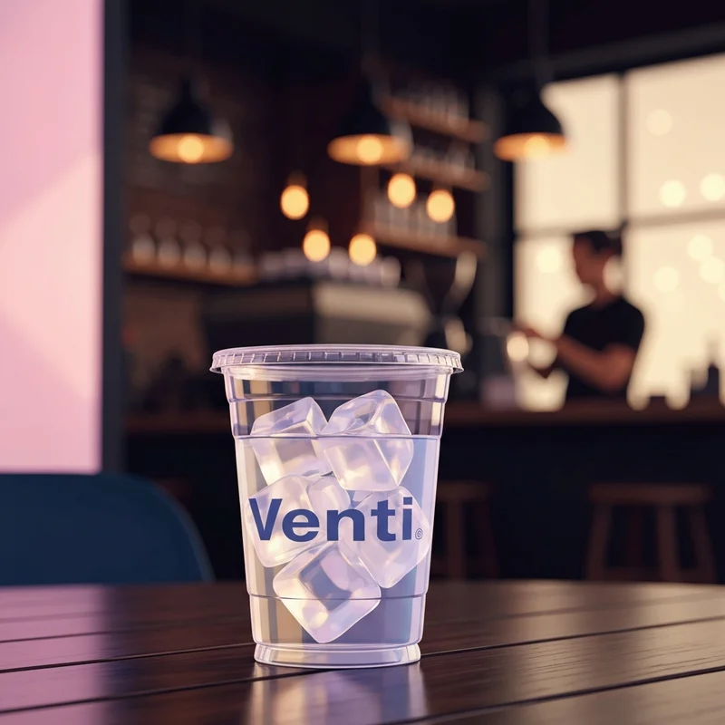 A close up of a cold cup of water at Starbucks showing the triple-filtration clarity and ice.