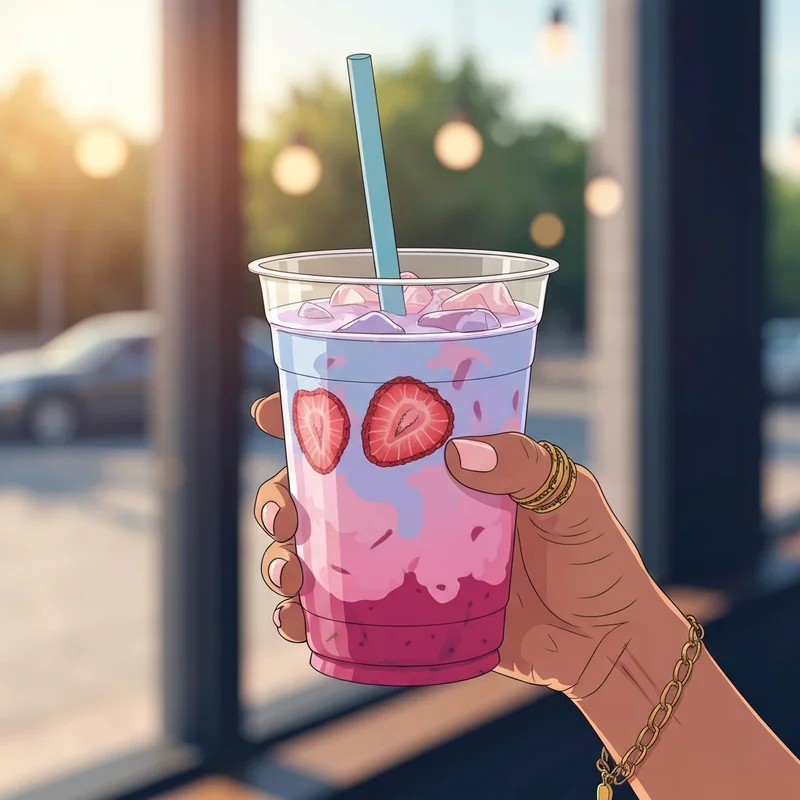 An aesthetic close-up of a person holding a beverage while researching starbucks pink drink nutrition facts.