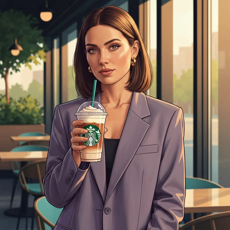 A stylish young woman enjoying a starbucks 3 dollar drink january 25 in a modern cafe setting.