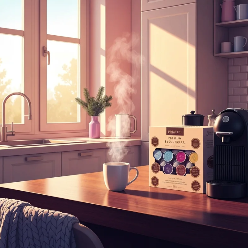 A cozy holiday kitchen scene featuring a warm mug of coffee and the Starbucks Holiday Blend K-Cups 72 Count box on the counter.
