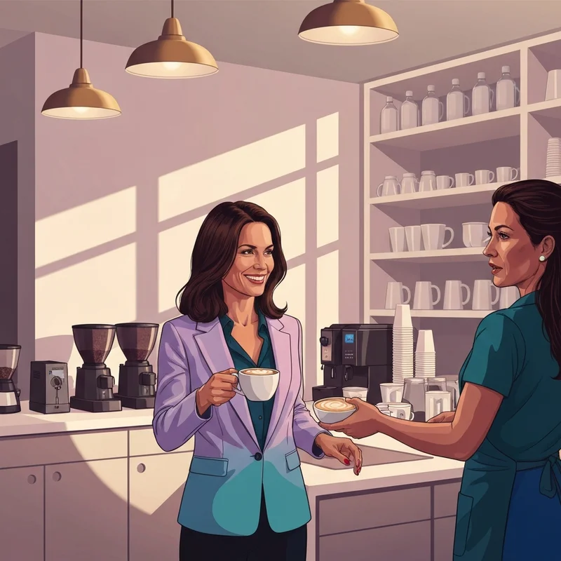 A woman confidently ordering from the starbucks allergen menu at a modern cafe.