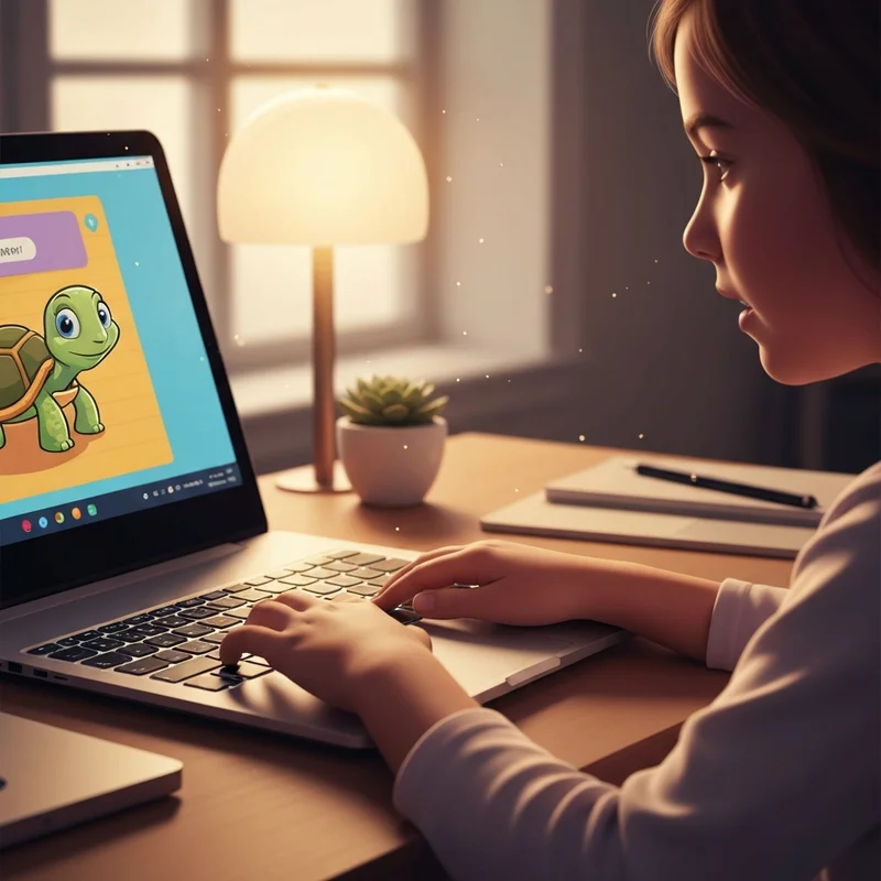 A child practicing touch typing using the turtle diary typing platform on a laptop at home.