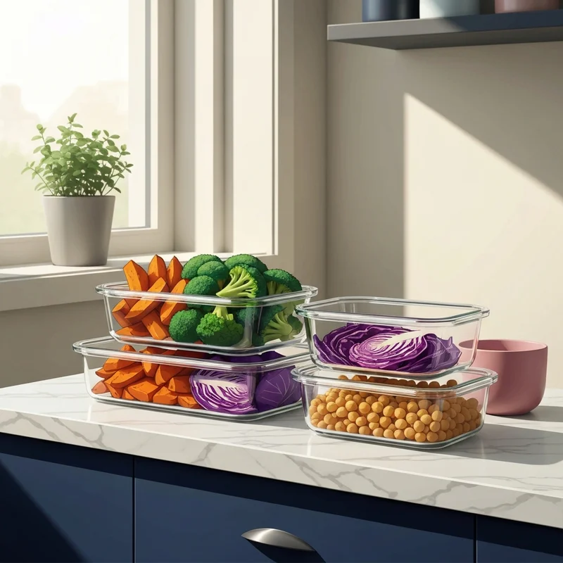 A perfectly organized kitchen counter featuring meal prep ideas for vegans in glass containers.