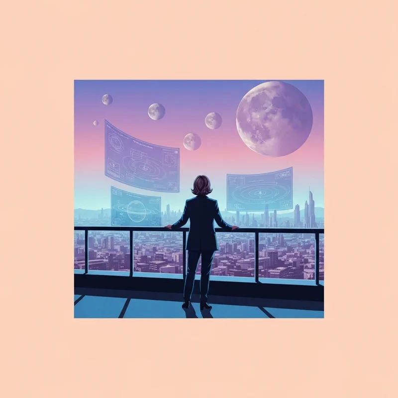 A galactic architect reviewing a stellaris dev diary roadmap via holographic blueprints.