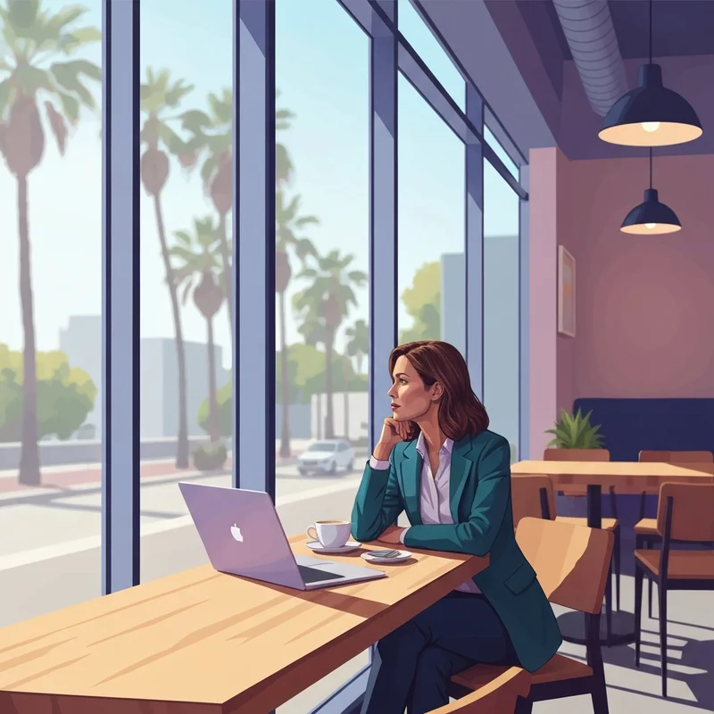 A peaceful morning scene inside a coffee shop in Santa Monica where a remote worker enjoys a latte at a sunlit window seat, highlighting the search for a new starbucks santa monica alternative.