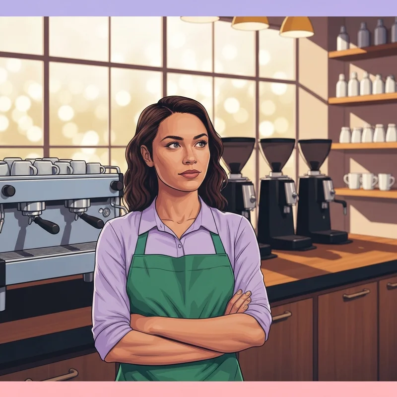 A professional barista in a cafe reflecting on the starbucks pay rate and her career path.