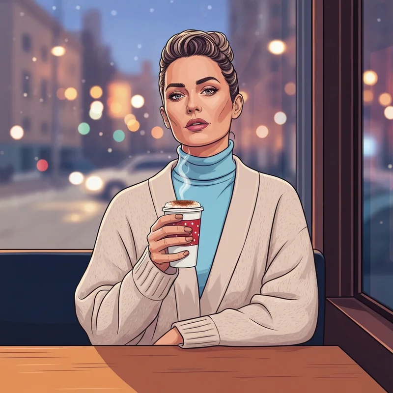 A stylish young person enjoying a gingerbread chai starbucks in a cozy winter cafe setting.