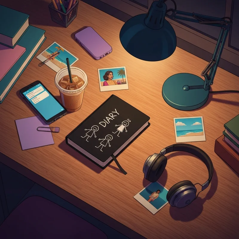 A nostalgic workspace featuring Diary of a Wimpy Kid book 19 among adult essentials like coffee and headphones.