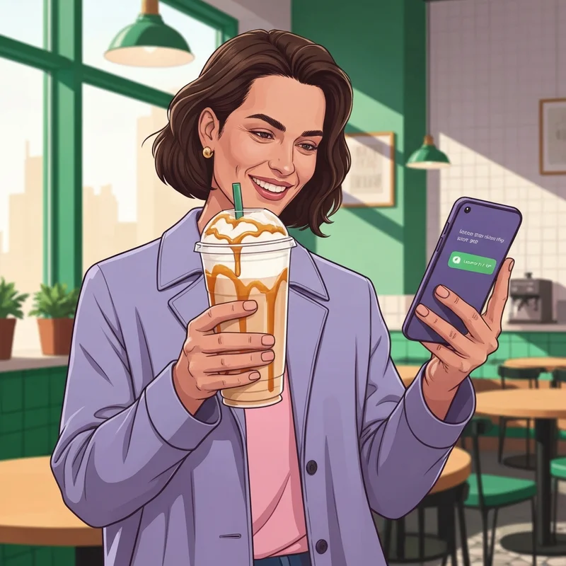 A young adult celebrates by learning how to get starbucks birthday drink rewards in a modern cafe.