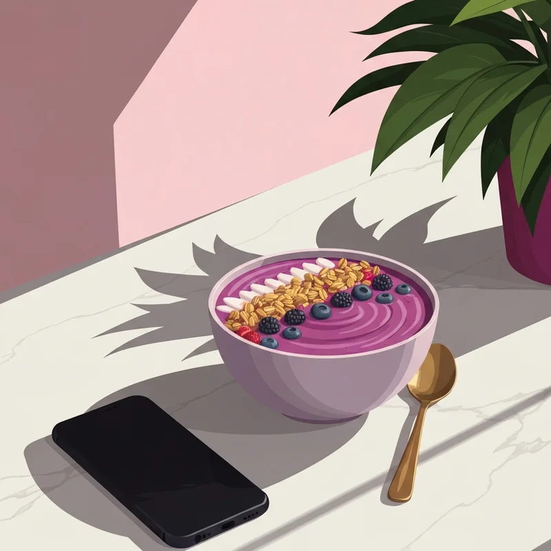 A perfectly prepared and aesthetic sambazon acai bowl topped with granola and berries on a white marble table in a sunny apartment.