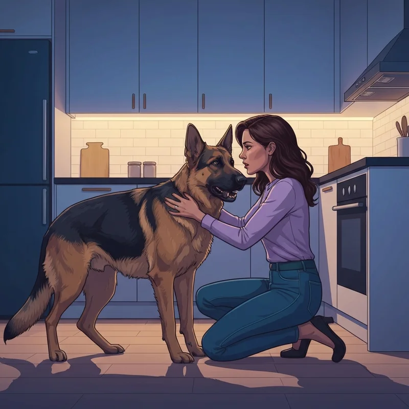 A concerned pet owner checking her dog for signs of bloat in dogs during a midnight emergency.